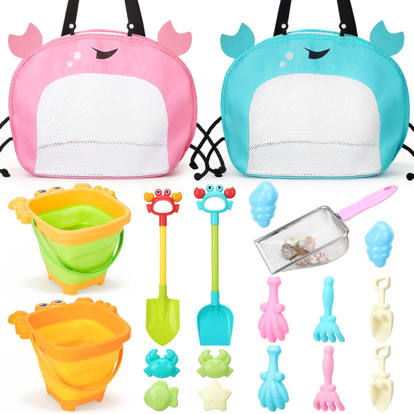 Guiqulai 19 Pcs Summer Beach Toys Set for Kids, Seashell Bag Collapsible Sand Bucket Shovels Sand Toys, Sandbox Beach Travel Toys for Toddlers Kids Boys Girls