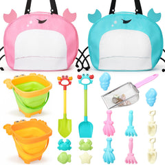 Guiqulai 19 Pcs Summer Beach Toys Set for Kids, Seashell Bag Collapsible Sand Bucket Shovels Sand Toys, Sandbox Beach Travel Toys for Toddlers Kids Boys Girls