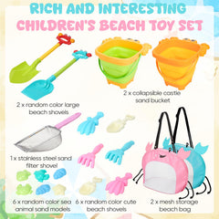 Guiqulai 19 Pcs Summer Beach Toys Set for Kids, Seashell Bag Collapsible Sand Bucket Shovels Sand Toys, Sandbox Beach Travel Toys for Toddlers Kids Boys Girls