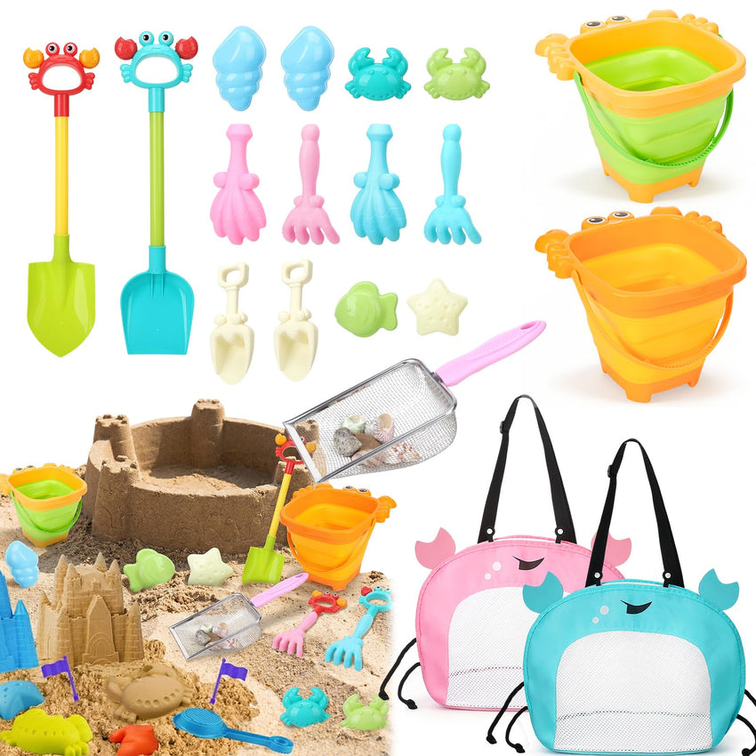Guiqulai 19 Pcs Summer Beach Toys Set for Kids, Seashell Bag Collapsible Sand Bucket Shovels Sand Toys, Sandbox Beach Travel Toys for Toddlers Kids Boys Girls