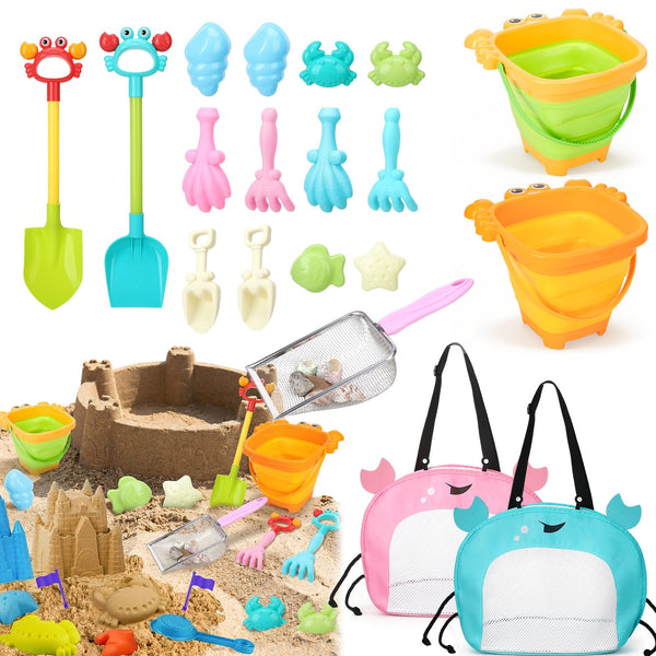Guiqulai 19 Pcs Summer Beach Toys Set for Kids, Seashell Bag Collapsible Sand Bucket Shovels Sand Toys, Sandbox Beach Travel Toys for Toddlers Kids Boys Girls