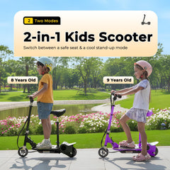 Zupapa Electric Scooter with Seat for Kids Ages 8-12, 6" Pneumatic Tire, Up to 10 mph and 70 min Ride Time, for Riders up to 155 lbs, Removable Seat 2 Riding Styles Black